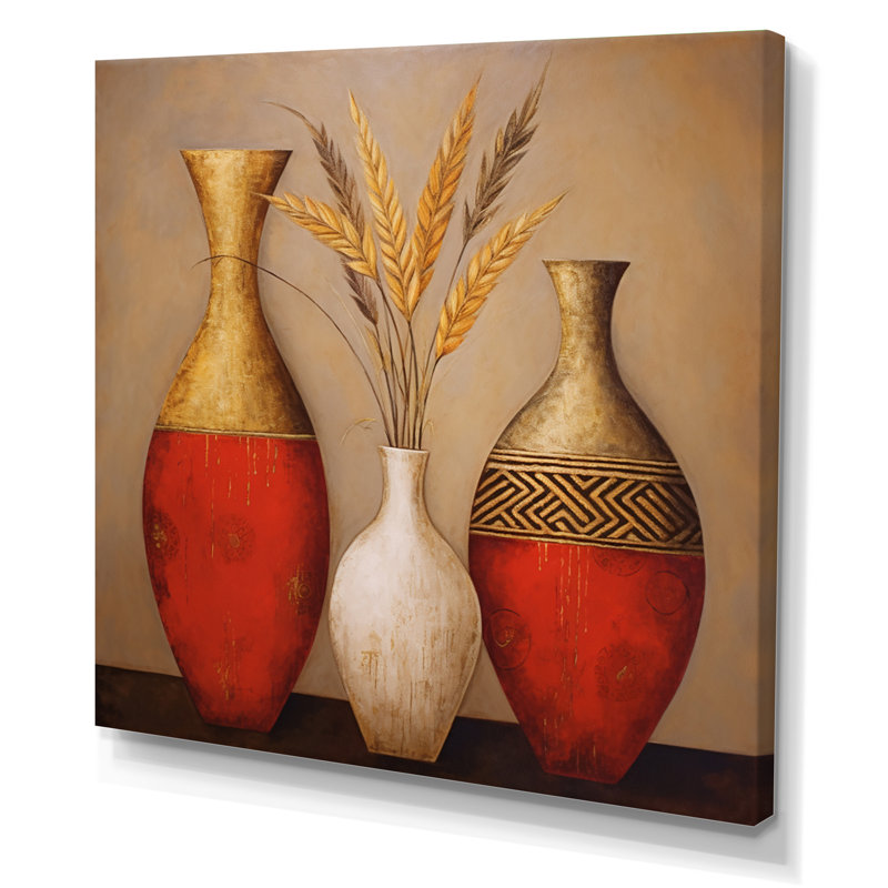 Nature morte avec vase en or rouge et fleurs de blé I sur toile, H 24 po x l 24 po x P 1 po, Toile tendue