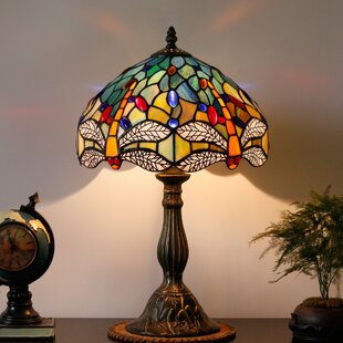 Tiffany Lamp Table Bedside Lamp Sea Blue Yellow Stained Glass Dragonfly Style Antique Nautical Reading Desk Light 18" Tall Bedroom Living Bedroom Victorian Memory Type Bloomsbury Market LED Bulb Included