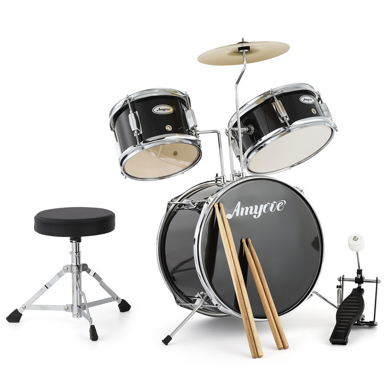Ensemble de batterie 3 pièces pour débutants, ensemble complet avec basse, toms, caisse claire, supports, cymbales et baguettes