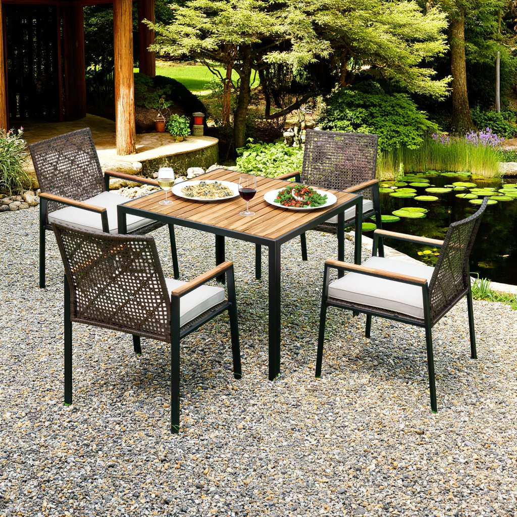 Latitude Run® All-Weather 5-Piece Patio Dining Set with Acacia Wood ...
