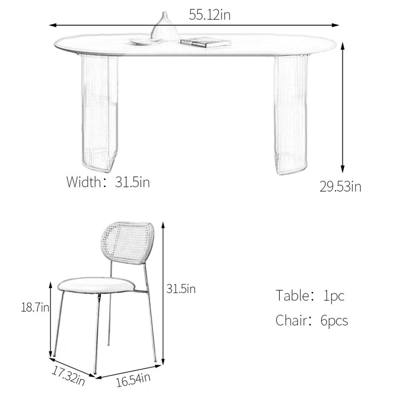 Ensemble de table de salle à manger en pierre frittée blanche, H 29,53 po x L 55,12 po x l 31,5 po