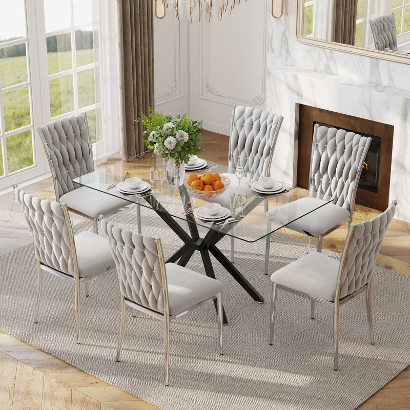 Table de salle à manger rectangulaire 47,24 "en verre trempé transparent avec chaises en velours 4/6, pieds en métal, moderne pour la cuisine, la salle à manger, le salon