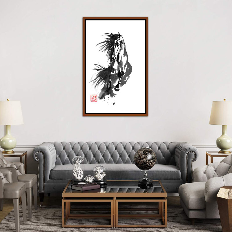 «Running Horse» par Péchane - impression d'art graphique, H 60 po x l 40po x P 1,5 po, Toile avec cadre en bois brun
