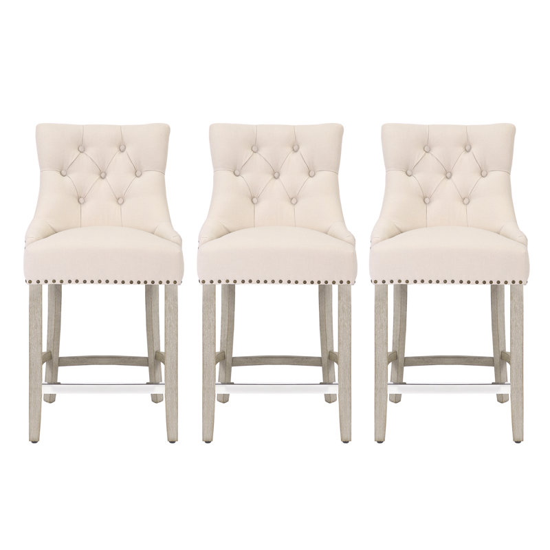 Wren 24" Counter Stool (Set of 3), Beige Linen/Antique Gray Frame