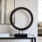 Modern Mango Wood and Iron Ring Sculpture on Rectangular Base Decorative Accent with Grooved Texture for Contemporary Display in Casual or Minimalist Settings, Sleek Freestanding Art Object-938113056