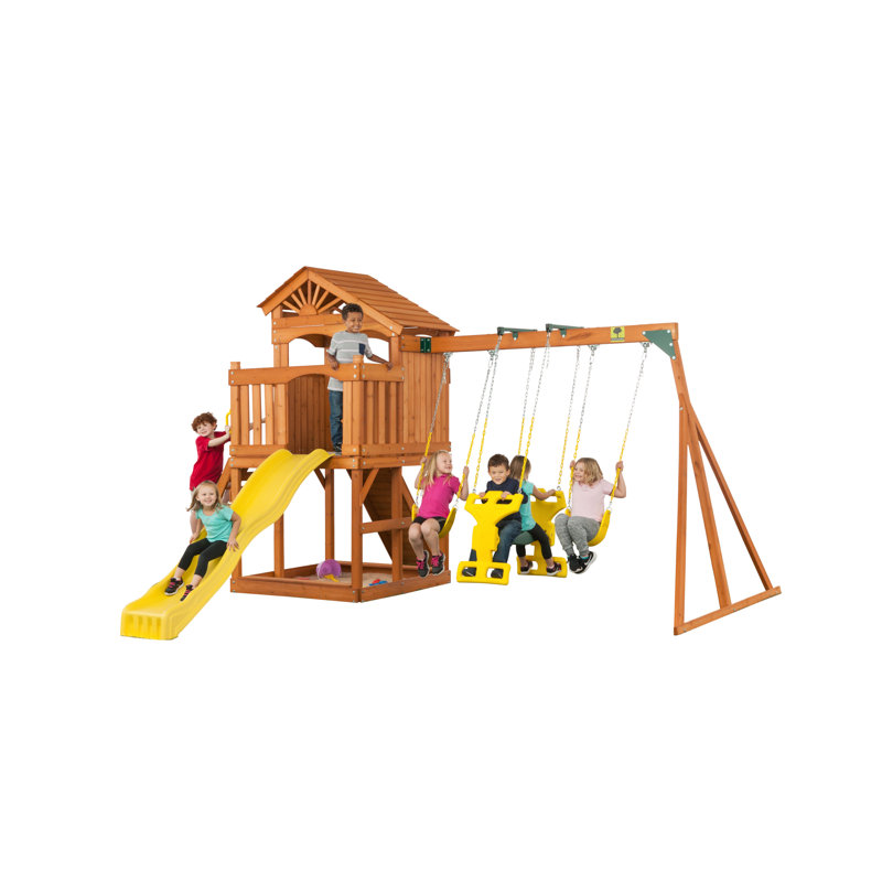 Timber Valley Swing Set with Wooden Roof, Green, Multi