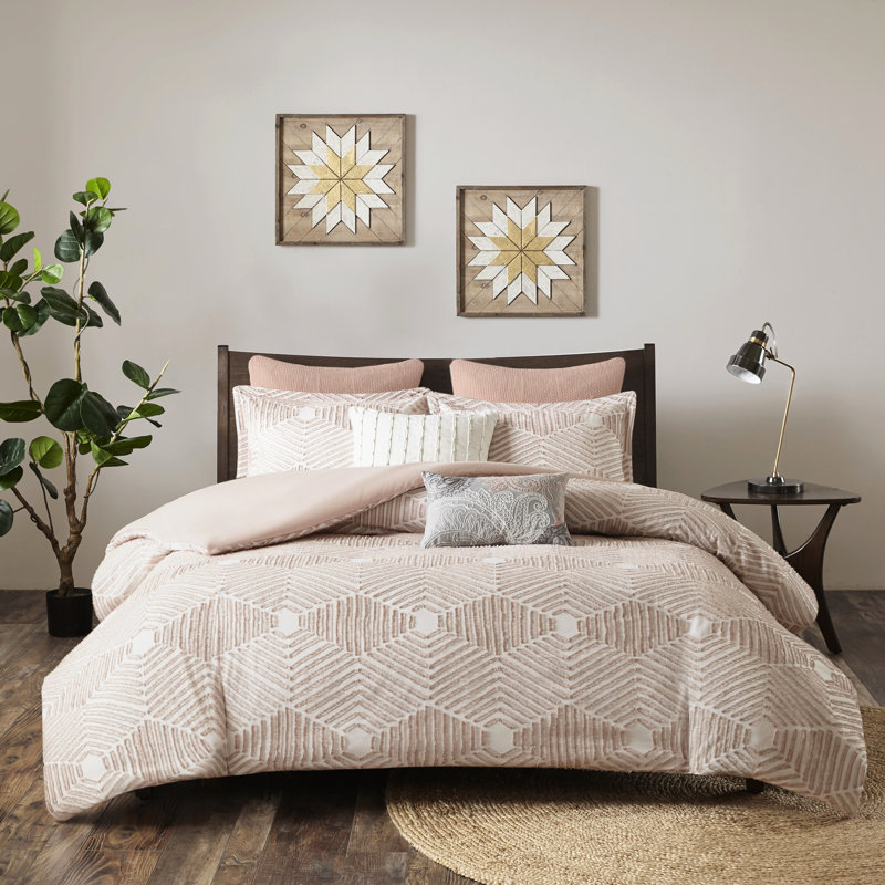 Cotton Comforter Blush - Solid Reverse & Fabric Geometric Hidden Bartacking Shabby Chic,  Full Comforter + 2 Shams