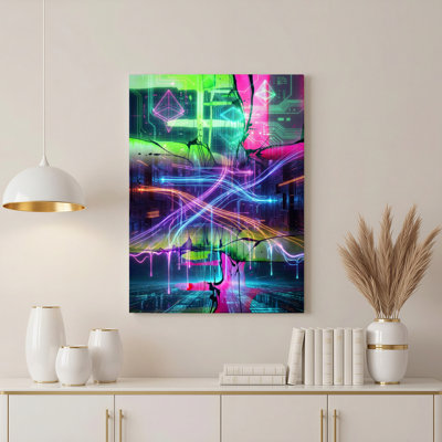 Neon Cyberpunk Cityscape, art abstrait sur toile tendue, reproduction d'art sur toile, ensemble de 1
