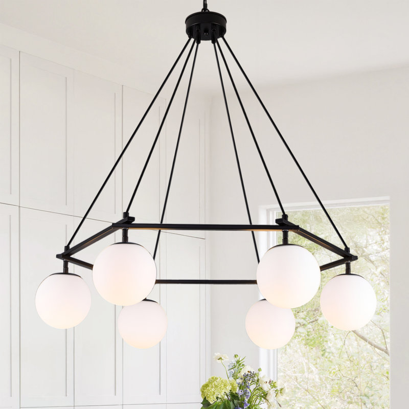 Nedek 6-Light Modern Round Pendant Glass Chandelier With Geometric Frame, Matte Black