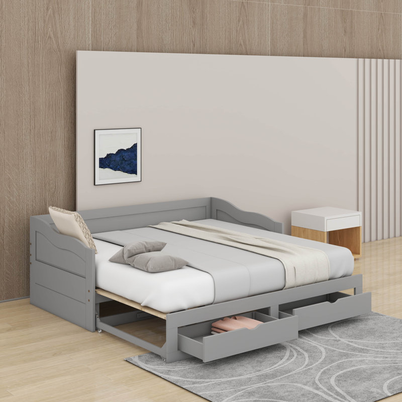 Twin Size Wooden Daybed With Trundle Bed And 2 Storage Drawers,Extendable Daybed, Gray
