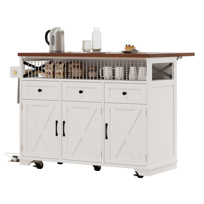 46.5'' Rolling Kitchen Island With Beaded Drape Decoration, Power Outlet, 3 Storage Doors, Drawers, Drop Leaf, Adjustable Shelves, White Hanging Beads Drape, Charging Ports, Cart,