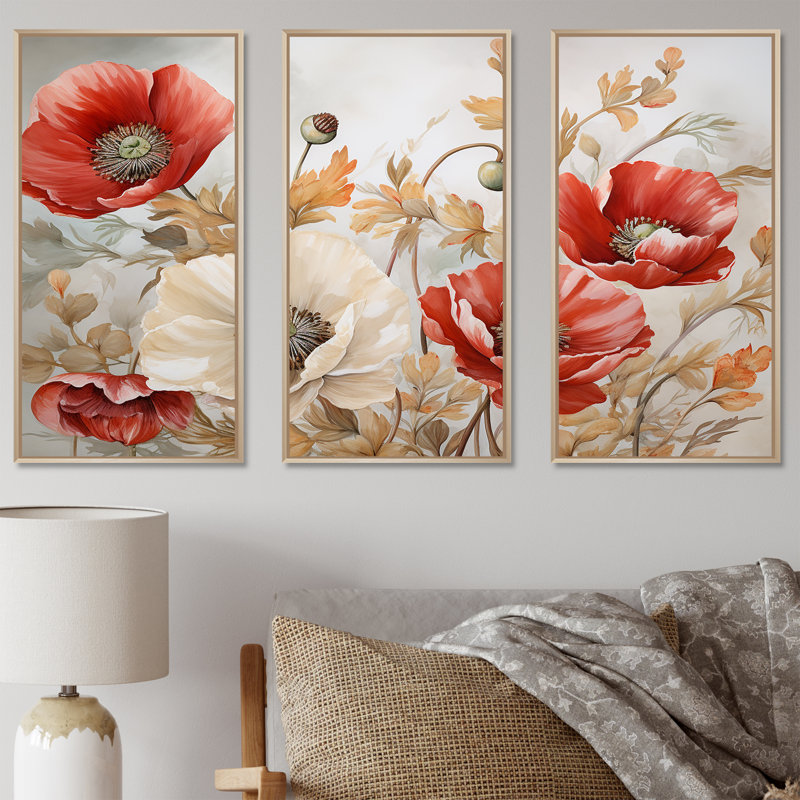 Poppies Charm In Winter Delight II - Poppies, ensemble d'art sur toile, Cadre naturel flottant, H 40 po x l 60 po x P 1 po