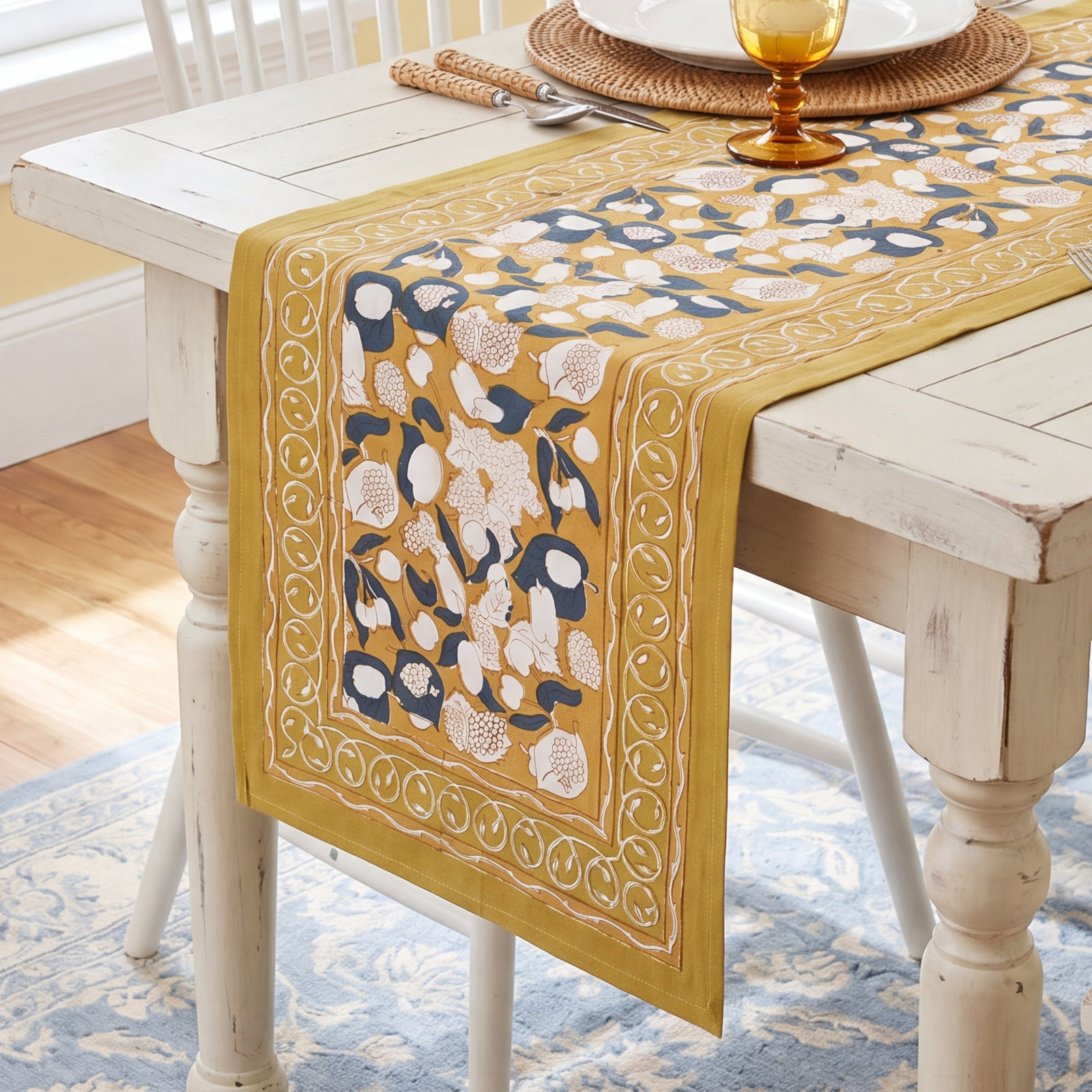Bryssa Floral Table Runnner, Mustard/Blue, 90" x 16"