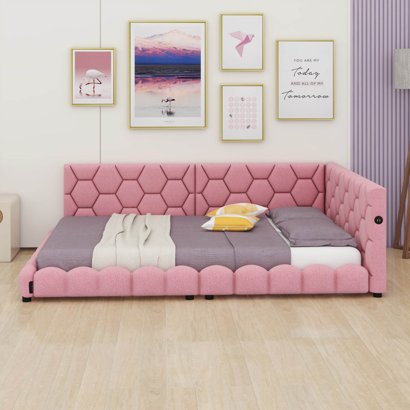Lit tapissier double pleine grandeur de style plateforme, ceinture DEL, ports USB et canapé-lit, Rose