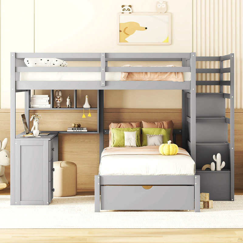 Lit superposé double au-dessus de simple avec bureau, tiroirs et tablettes, Gris