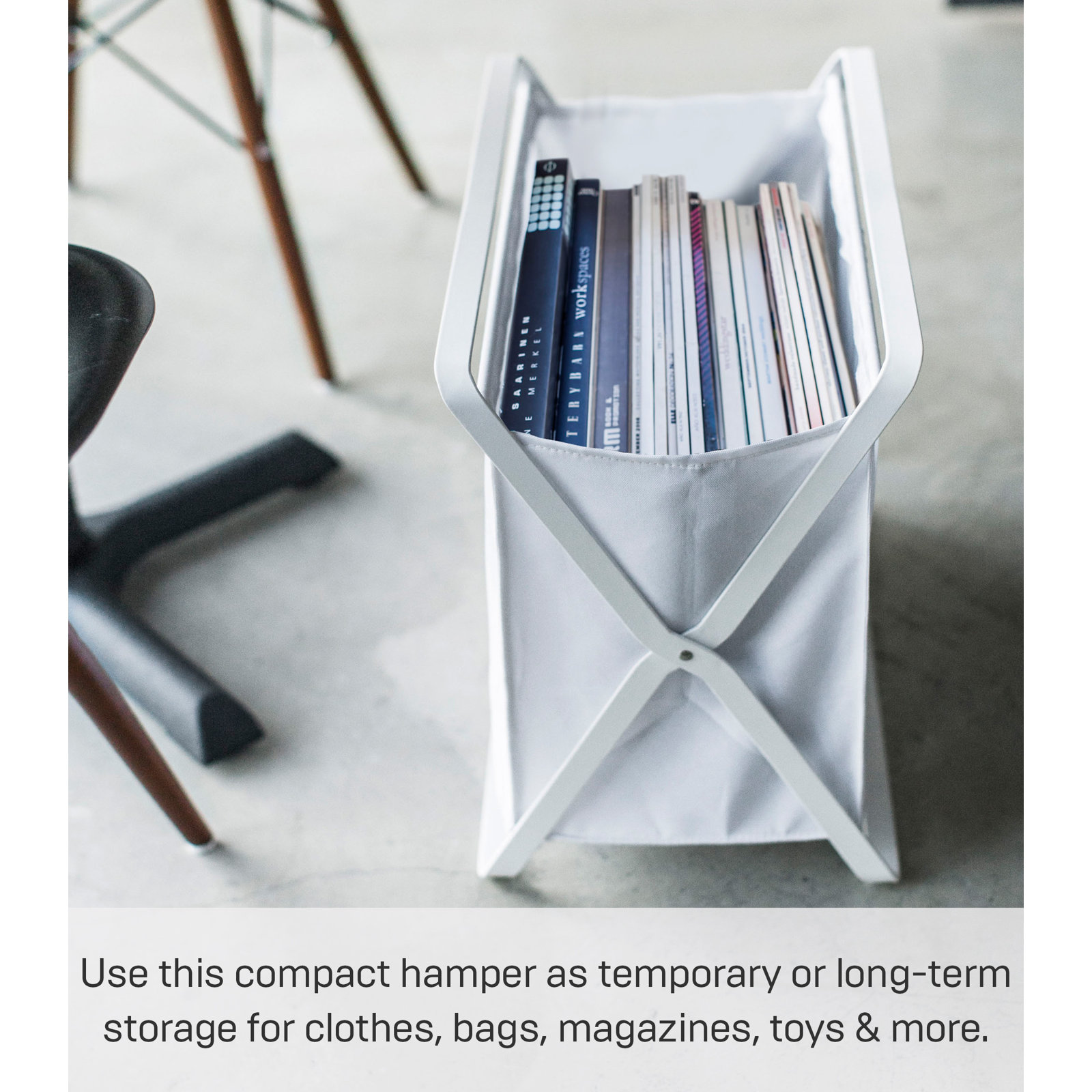 Yamazaki Home Laundry Basket - Foldable Storage Hamper Organizer, Steel, White, Wide (15.7" H x 18.1" W x 11.4" D)