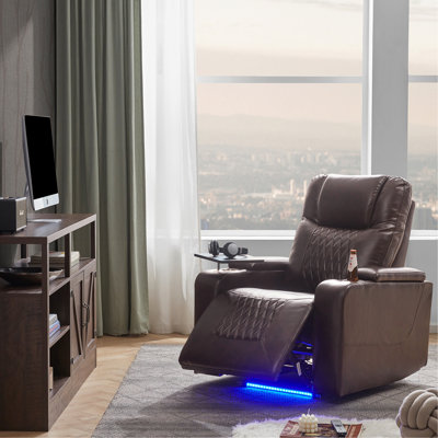 Fauteuil inclinable Power Motion avec port de charge USB et rangement à bras cachés, 2 porte-gobelets pratiques et plateau pivotant à 360 °, brun