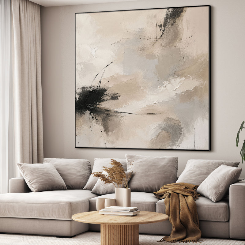 Très grand art mural imprimé sur tissu - Abstrait neutre doux avec détails noirs pour le salon ou la chambre à coucher - «Assemblage requis du cadre (cadre non fini)»