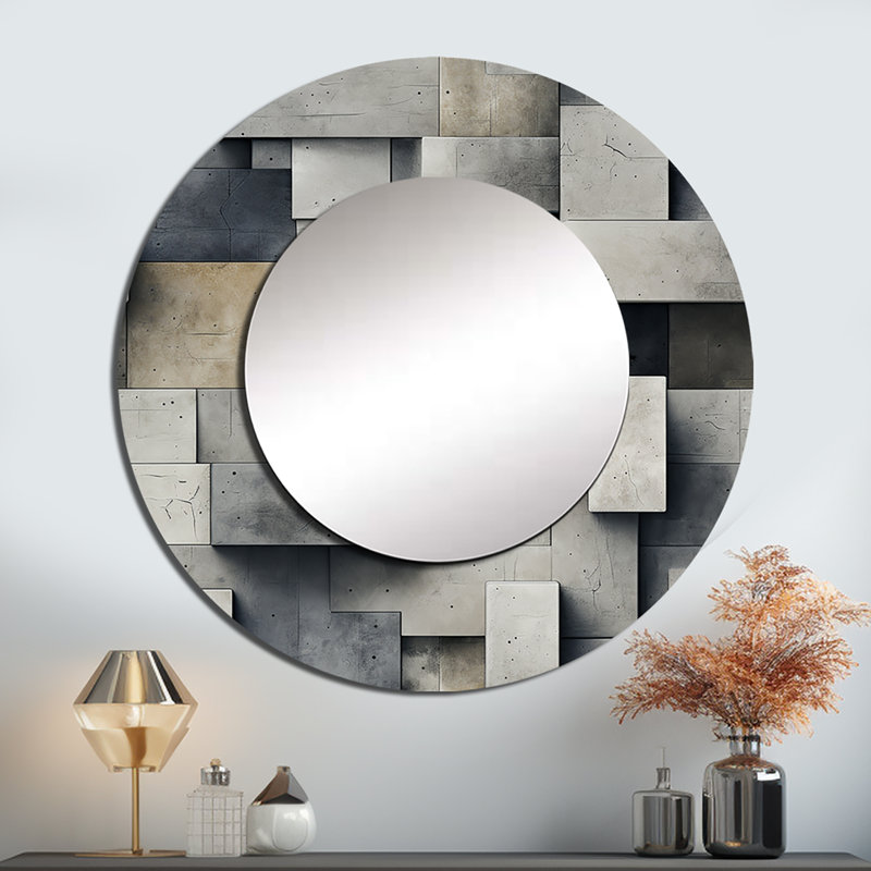 Roxsanne Architectural Concrete Wall Illusion - Brick  Mirror, Modern Decorative Wall Mirror, Printed Metal Art, 23" x 23"