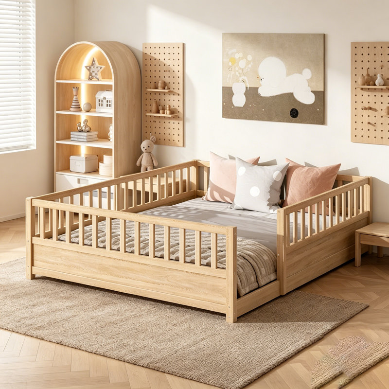 Montessori Wooden Floor Bed With High Security Barrier, Ideal For Children's Safety And Comfortable Sleep, Natural