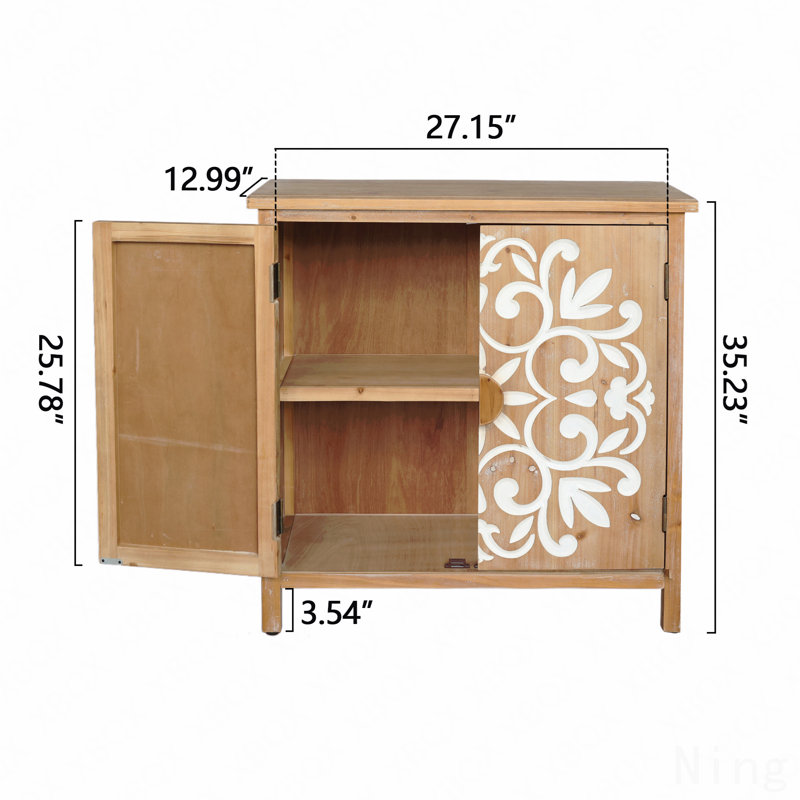 Rustic Wood 2-Door Accent Storage Cabinet With Floral Carved Doors