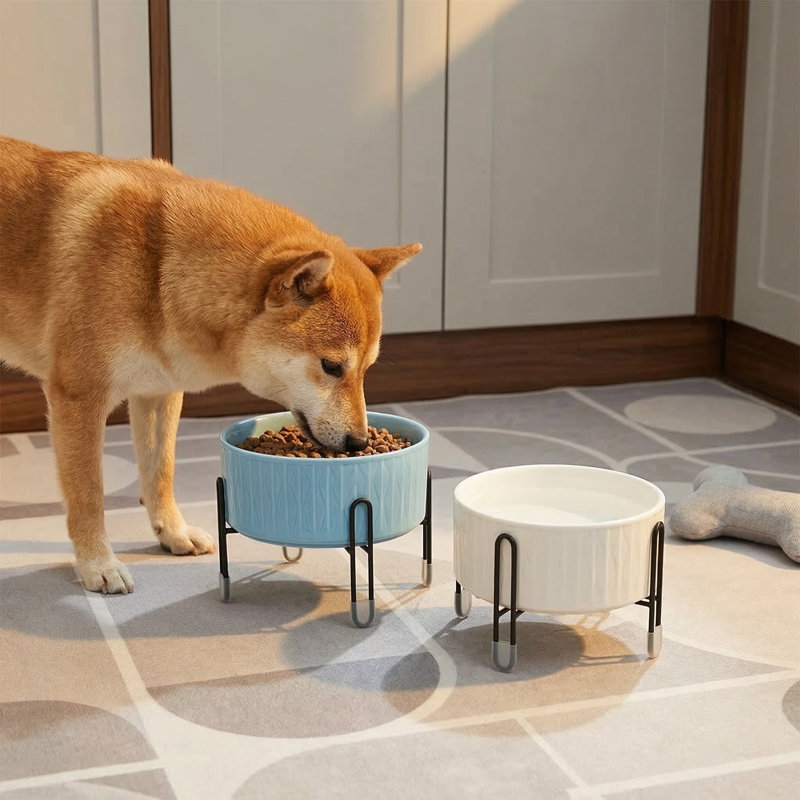 Ensemble de bols pour chien et chat 6,5 "avec support en métal, 32 oz, blanc et bleu