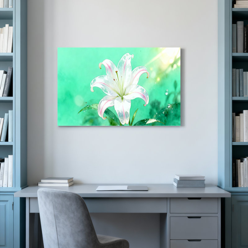 Tableau mural sur toile tendue représentant un lys blanc sur fond vert tendre avec effet de lumière du soleil, idéal pour décorer un salon, une chambre ou un bureau.