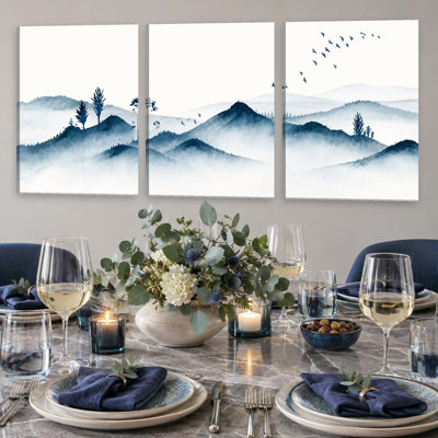 3 Pieces Exculisive Blue Misty Mountain Large Wall Art Watercolor Trees and Flying Birds Panoramic, Canvas Decor for Living Room, Bedroom and Office