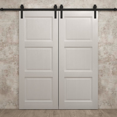 Porte de grange double moderne 36 x 80 pouces Ego 5010 Chêne blanc peint Ensemble de rails de 13 pieds Portes intérieures à panneaux pleins