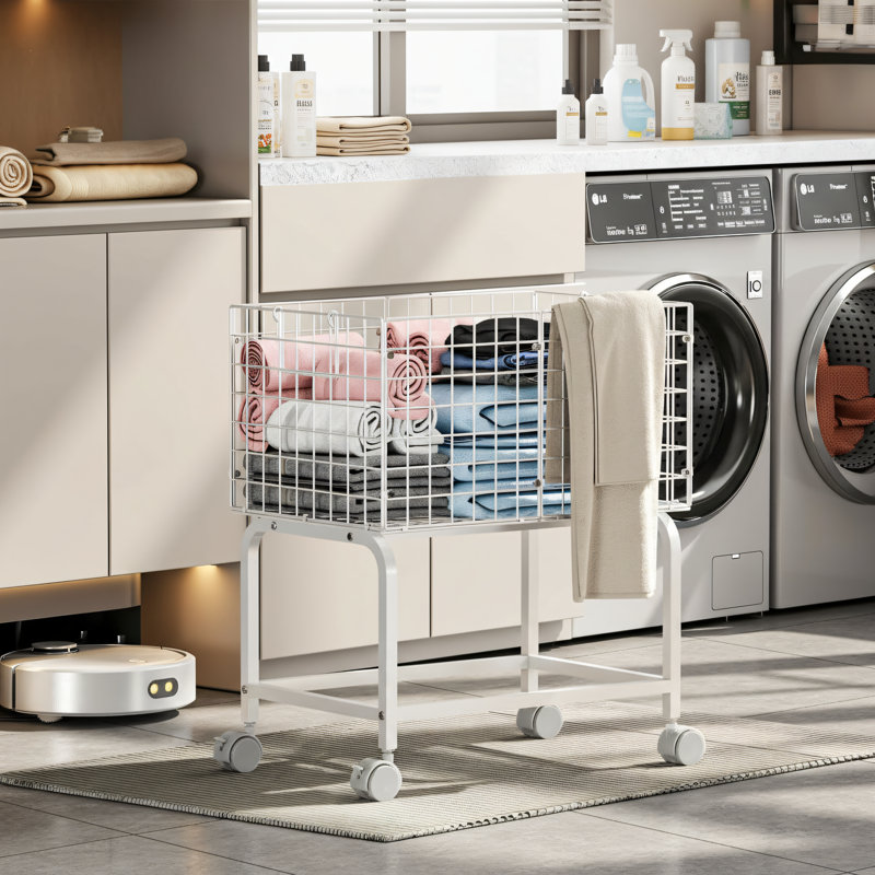 White, Tall Laundry Basket Trolley With Pull Rod, 80-Liter Capacity. Easily Fits Into Laundry Rooms, Bathrooms, And Bedrooms. Practical And Beautiful.