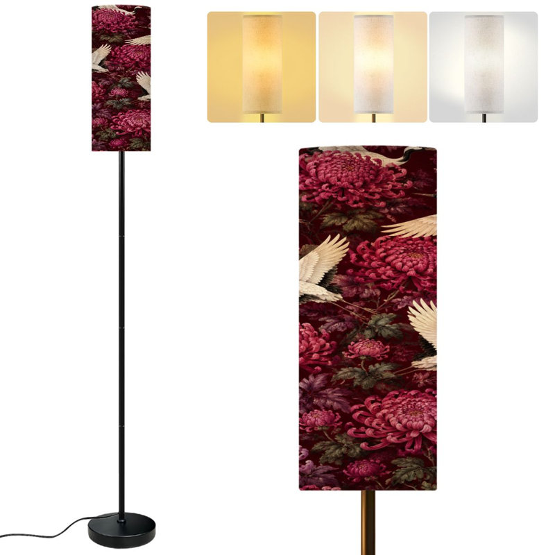 PeeNoke 68.5" Standing Floor Lamp Seamless Japanese white cranes chrysanthemums Dimmable Metal Pole Lamp with Linen Lampshade LED Bulb Included