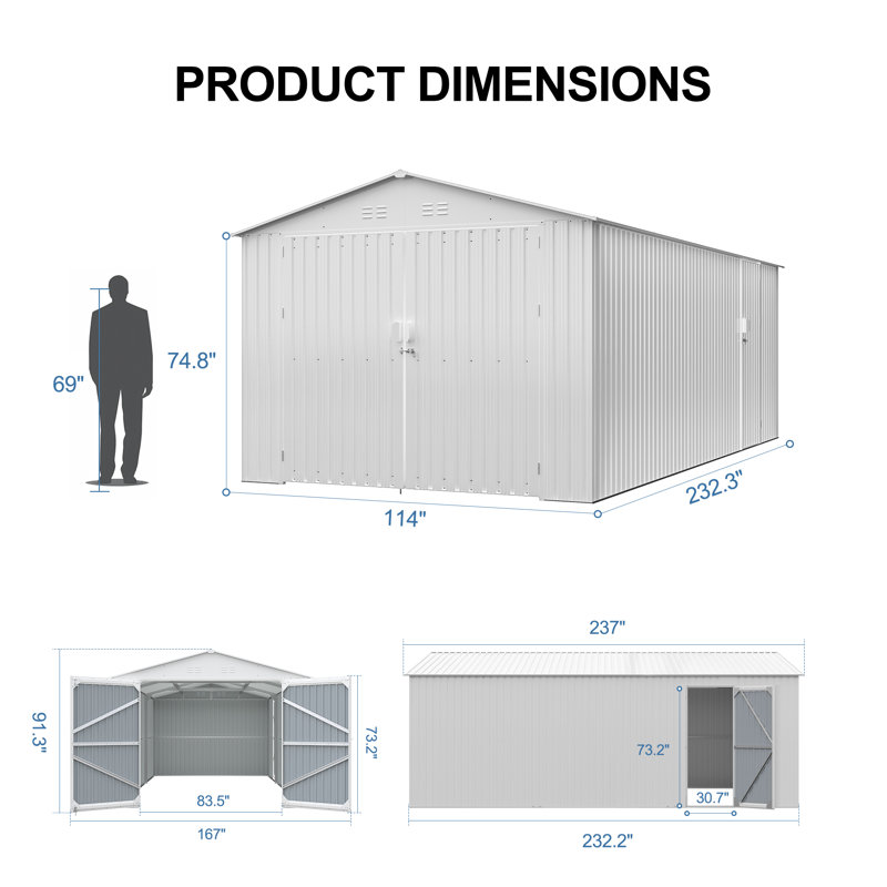 Remise de rangement extérieure 20 x 10 pi - Acier galvanisé - 1 pièce - Remise de garage - Blanc - Portes et évents doubles