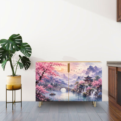 Sideboard Buffet Cabinet with Storage Cherry Blossom Landscape Mountains Traditional Pagoda Watercolor Style with 2 Doors for Living Room and Kitchen