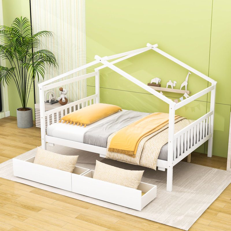 Lit double sur le toit avec tiroirs de rangement, Blanc