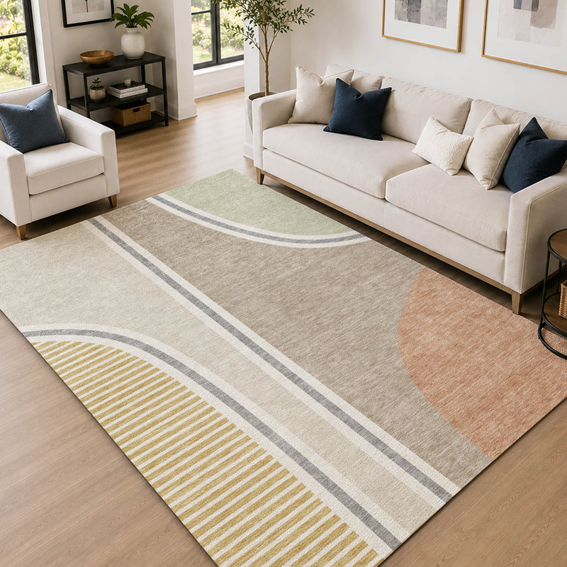Tapis moderne Prisco AMF2505 de qualité supérieure, lavable à la machine, Beige, 3' x 5'