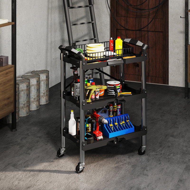 Chariot à outils pliable à 3 niveaux avec roues, chariot utilitaire pliant noir