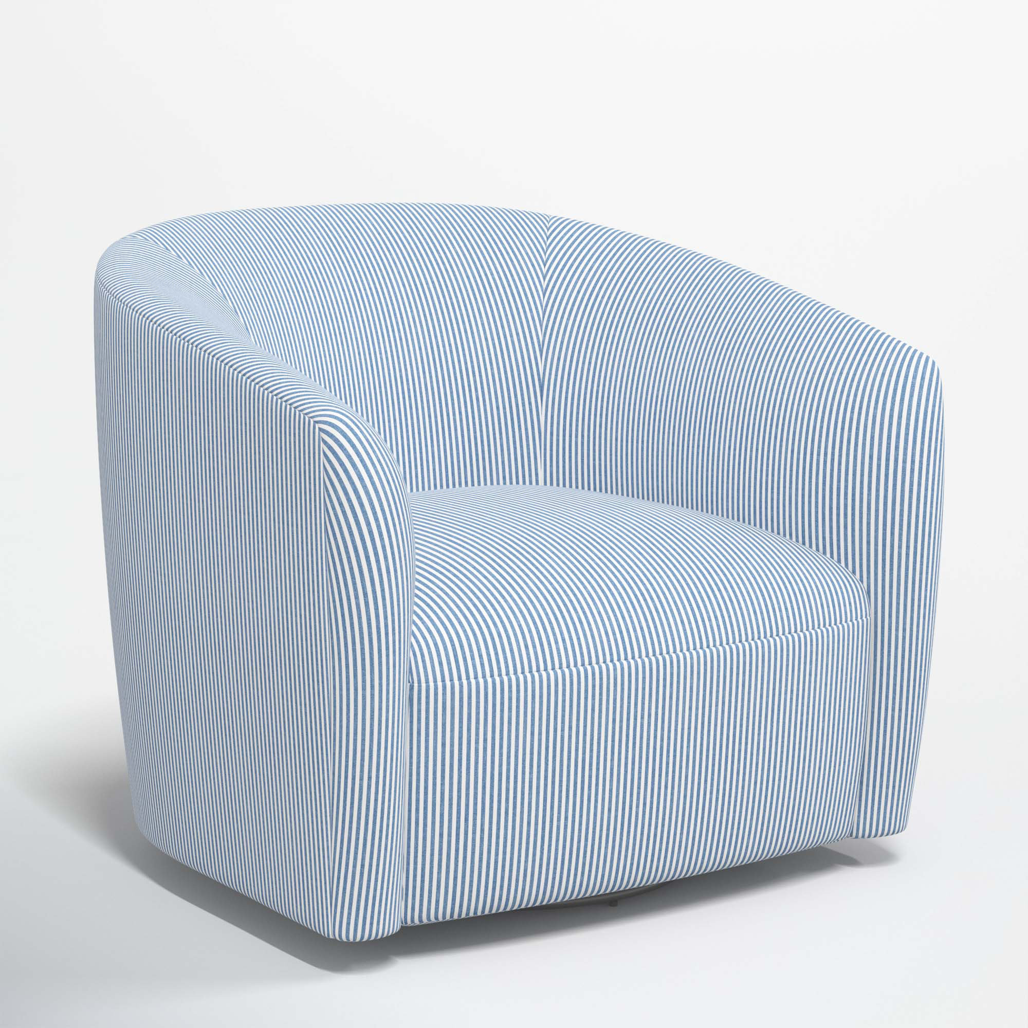 Marita Upholstered Swivel Barrel Chair, Prep Stripe Blue