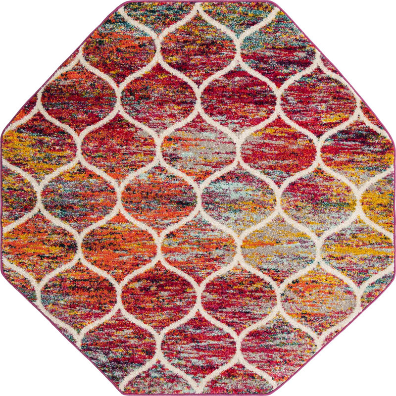 Tapis géométrique Llanet, Octogone 5 pi 3 po x 5 pi 3 po, Rouge multicolore