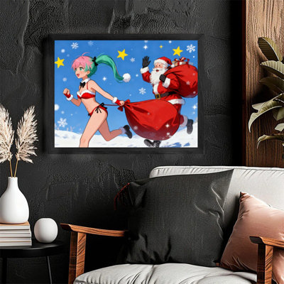 Cadre noir, dessin animé de Noël, père Noël, art mural, fantaisie, décoration festive, cadre