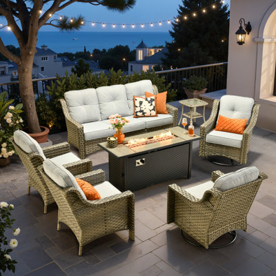 Emanuell 7 - Person Wicker Outdoor Conversation Set, Patio Sofa & Swivel Chair Set with Fire Pit and Cushions