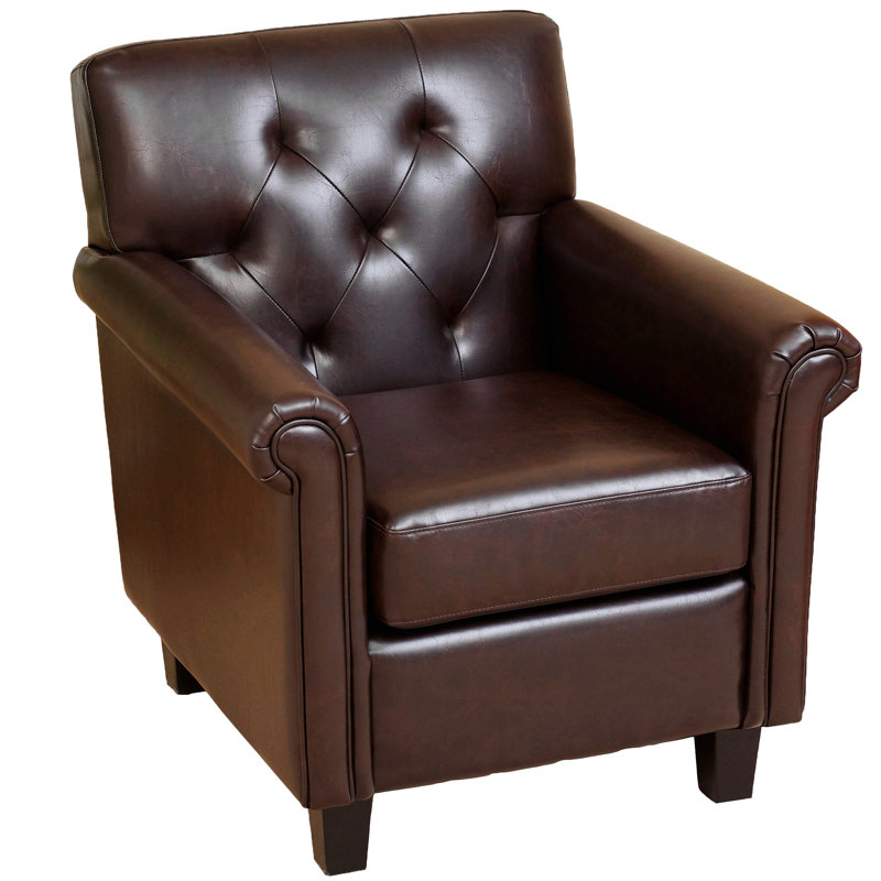 Fauteuil club décoratif, dossier capitonné, similicuir brun entièrement rembourré