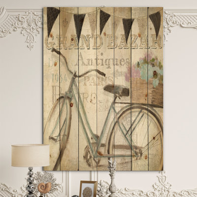 Marché aux puces français de bicyclette II - impression de campagne française sur bois de pin naturel