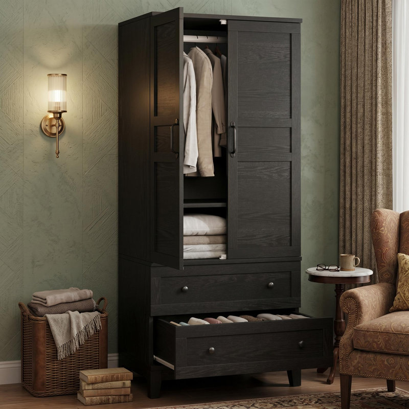 Armoire-penderie 72 po avec 2 tiroirs et tablettes réglables pour chambre noire, Noir