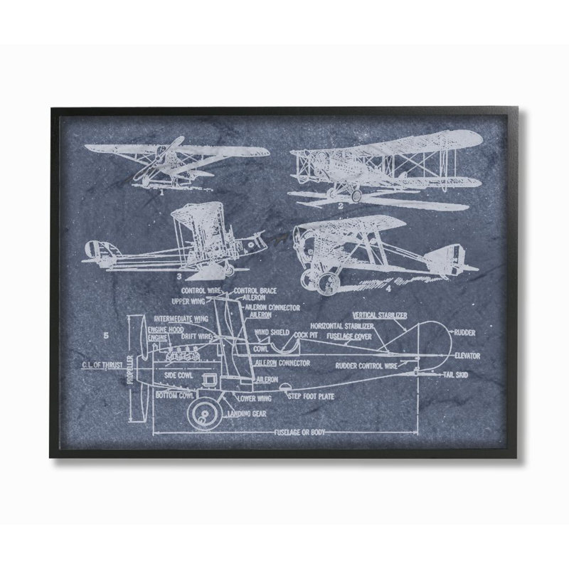 " Slate Blue Distressed Vintage Airplanes Diagram Blueprint ", Midnight Black Framed Giclee, 24" H x 30" W x 1.5" D