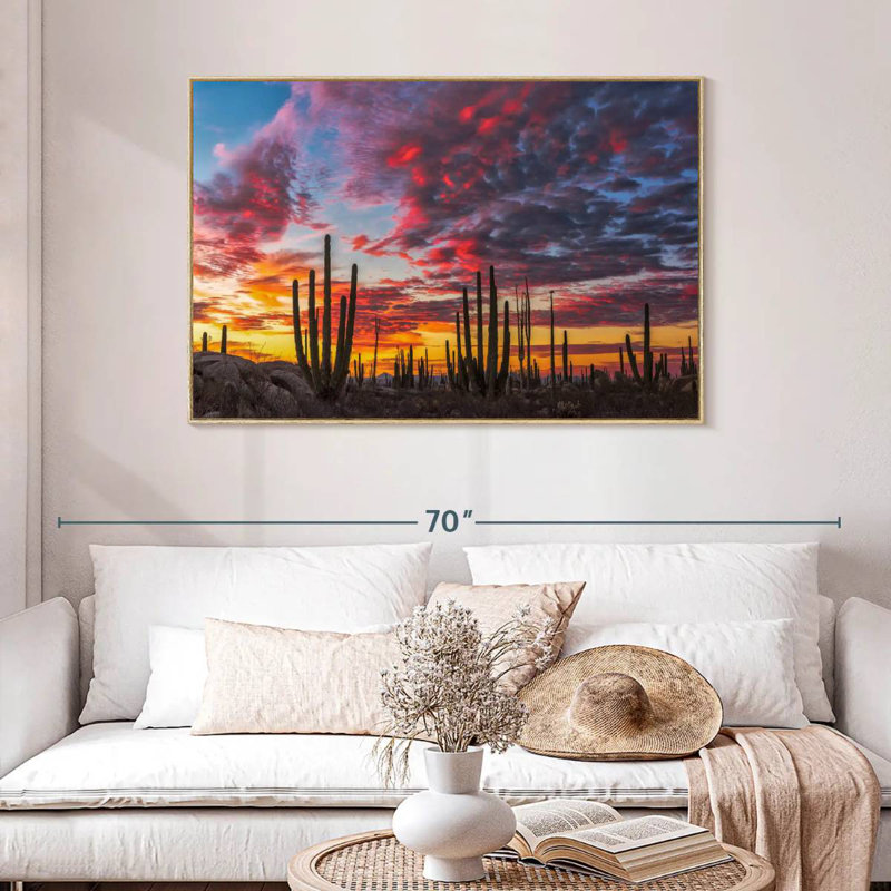Forêt de cactus de Baja California, Cadre flottant en bois naturel, 46 po x 31 po