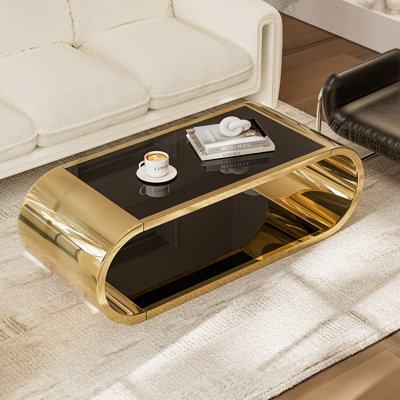 Everly Quinn Gold Stainless With Glass Coffee Table, Modern Coffee Table For Living Room, 2-tier Glass Top Coffee Table With Large Space Fashion Design Coffee Table