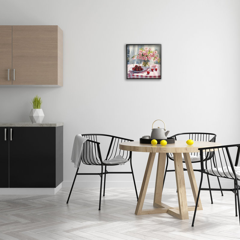 «Spring Still Life on Plaid», estampe numérique encadrée par RB, Giclée encadrée noir minuit, H 17 po x l 17 po