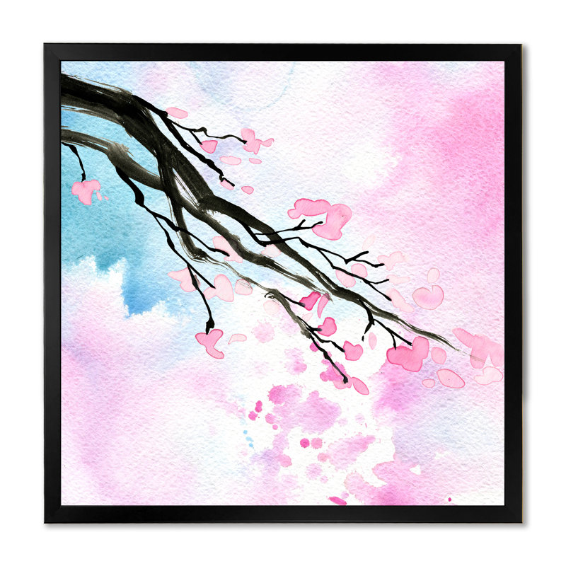 Branche de cerisier en fleurs, Toile avec cadre noir, H 36 po x l 36 po x P 1,5 po