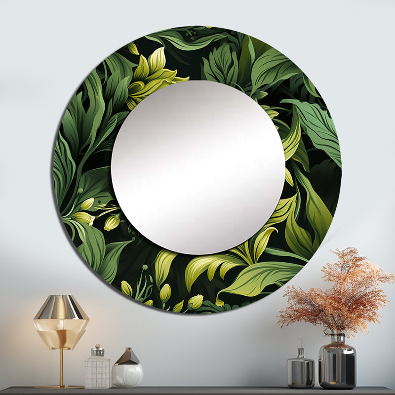 Rusbel Tropical Green Jungle Damask - miroir tropical, miroir mural rond décoratif tropical, impression d'art en métal