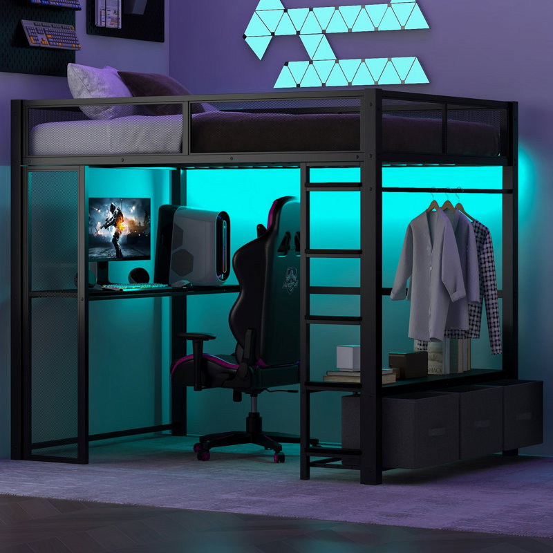 Lit mezzanine en métal avec DEL, bureau et 3 tiroirs de rangement